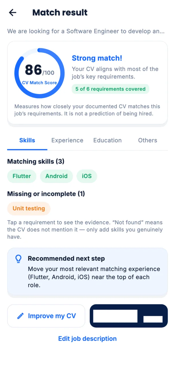 Carevo CV Match result showing a score of 86 out of 100 and the job requirements the CV covers